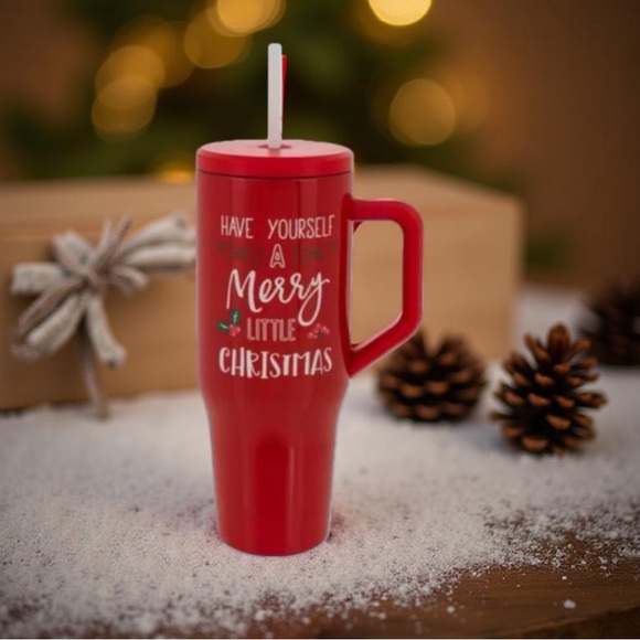 Red Christmas Travel Mug / Red Christmas Tumbler with Straw - Picture 9 of 11